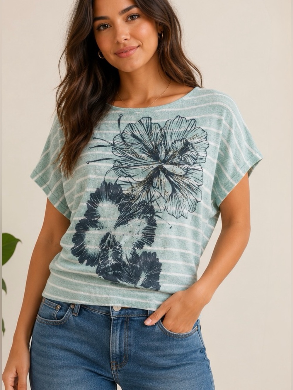 Forever 21 Mint Striped Floral Dolman Knit Top Small Boho Casual